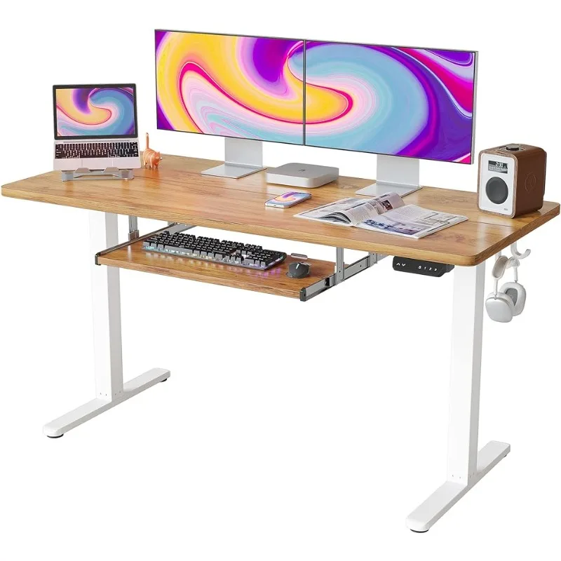 FEZIBO 55-Inch Large Height Adjustable Electric Standing Desk with Keyboard Tray, 55 x 24 Inches Sit Stand up Desk Furniture