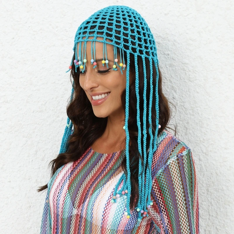 

Hollow Beanie Cap Crocheted Headband Full Hair Tassel for Women Belly Dance Flapper Cap Headpiece Folk Hair Accessories