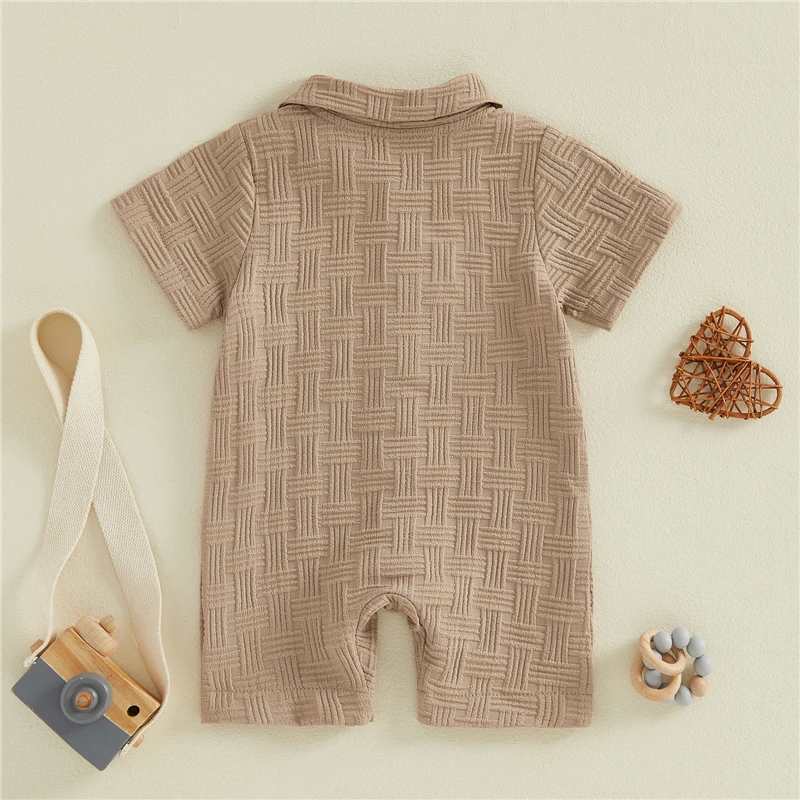 Infant Baby Boy Summer Clothing Toddler Boys Lapel Romper Fashion Solid Color Short Sleeve Button Down Jumpsuits Baby Rompers 4