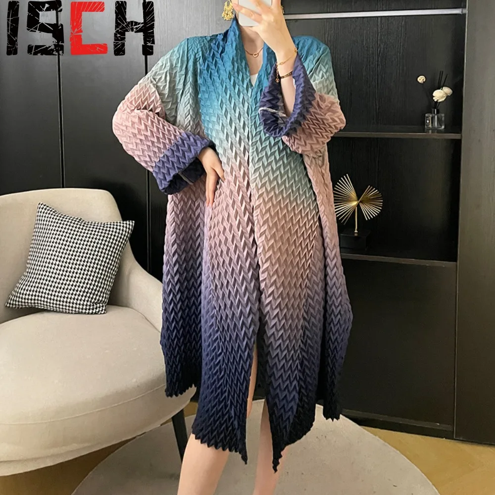 

Pleats Pleated Gradient Color Handmade Jacket Women Commuter Large Lapel Cardigan Long Section Large Size Elastic Outer Cloak