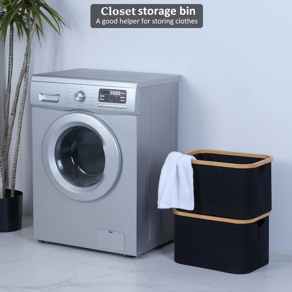 Black Storage Baskets for Organizing,Fabric Storage Bins with Bamboo Handles, Collapsible Storage Baskets for Shelves and Closet 4