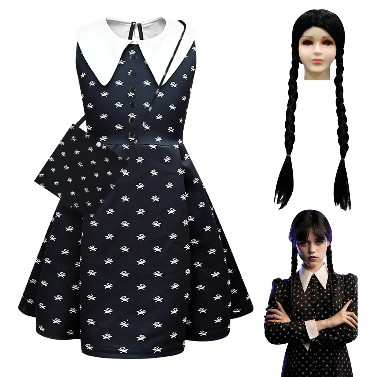 Dzieci Anime Addams Cosplay Rodzina Wednesday Addams Sukienka + Peruka Torba Zestaw Halloween Czarna Sukienka Dla Kobiet Dziewczyn Przebranie Na Karna