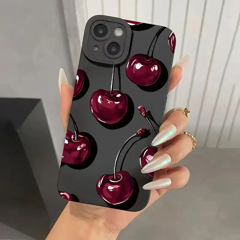 Cute Deep Red Cherry Pattern Shockproof Matte Phone Case