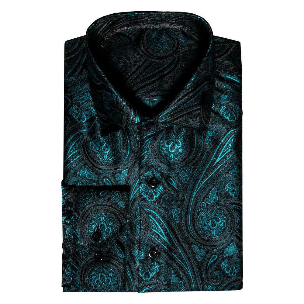 Barry.Wang Teal Paisley Floral Silk Shirts Men Autumn Long Sleeve Casual Flower Shirts For Men Designer Fit Dress Shirt BCY-05 dress shirts men casual shirts