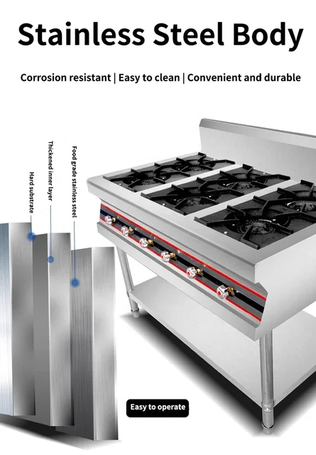 Restaurant Equipment 6 Burners Gas Stove LPG Range Cooker Sliver Commercial Stainless Steel SY Floor Type 1 Pcs Electric Durable 2