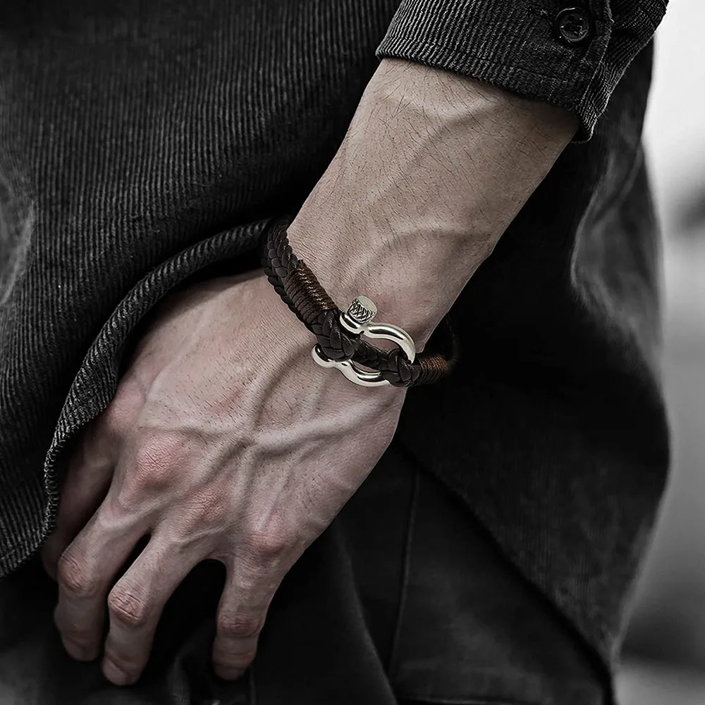 Leather Bracelet Kirykle Nautical Bracelets For Men Multilayer Leather Bracelets with Stainless Steel Anchor Shackle Handmade Ideal Gift For Dad