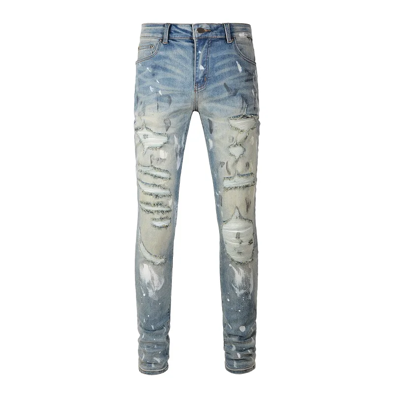 

Europe and the United States High Street Retro Men's Broken Jeans Slim Stretch Denim Splash Ink Graffiti Jeans