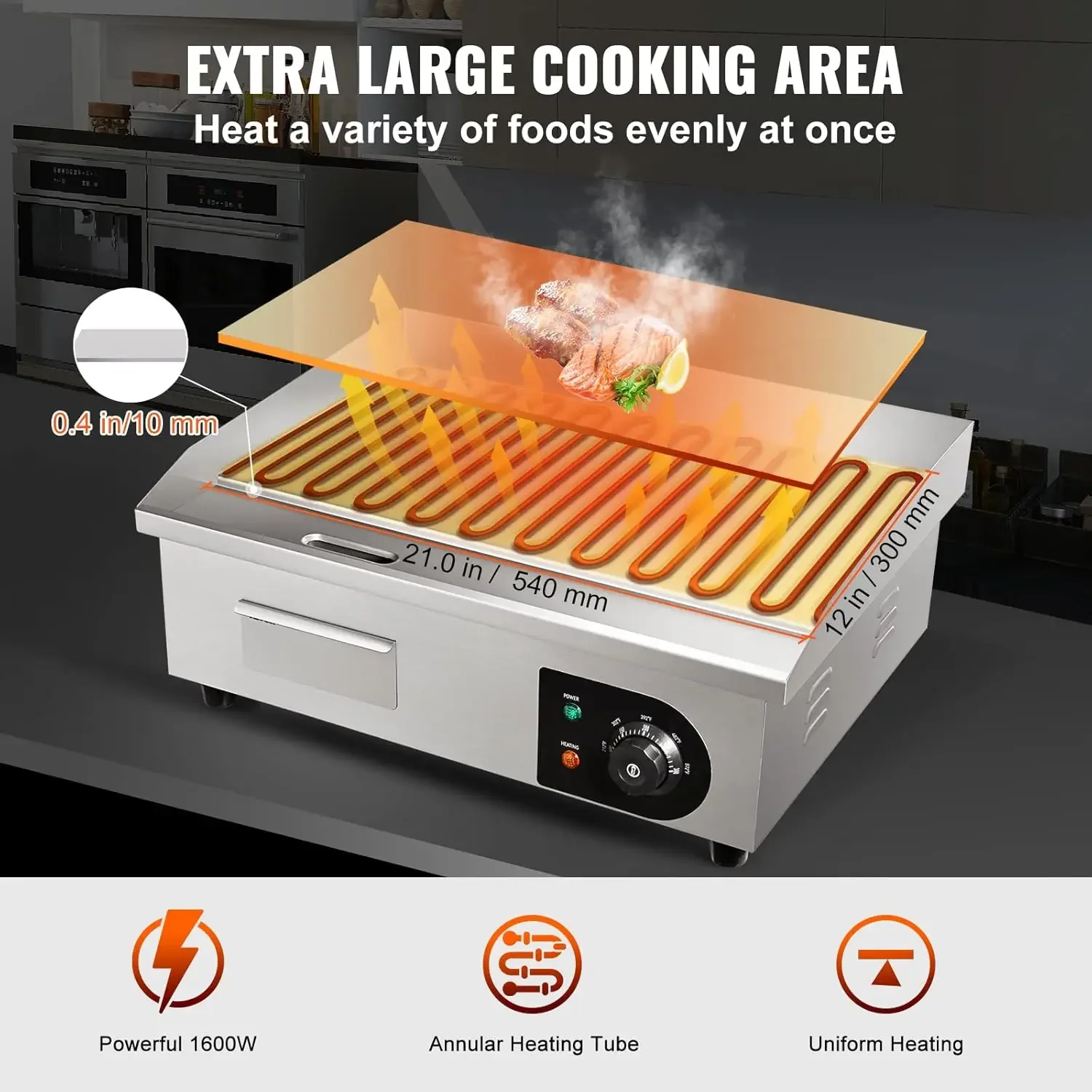 Electric Griddle, 22", 1600W Countertop Flat Top Griddle, Stainless Steel Teppanyaki Grill w/Iron Cooking Plate, 122-572℉ Adjust 3