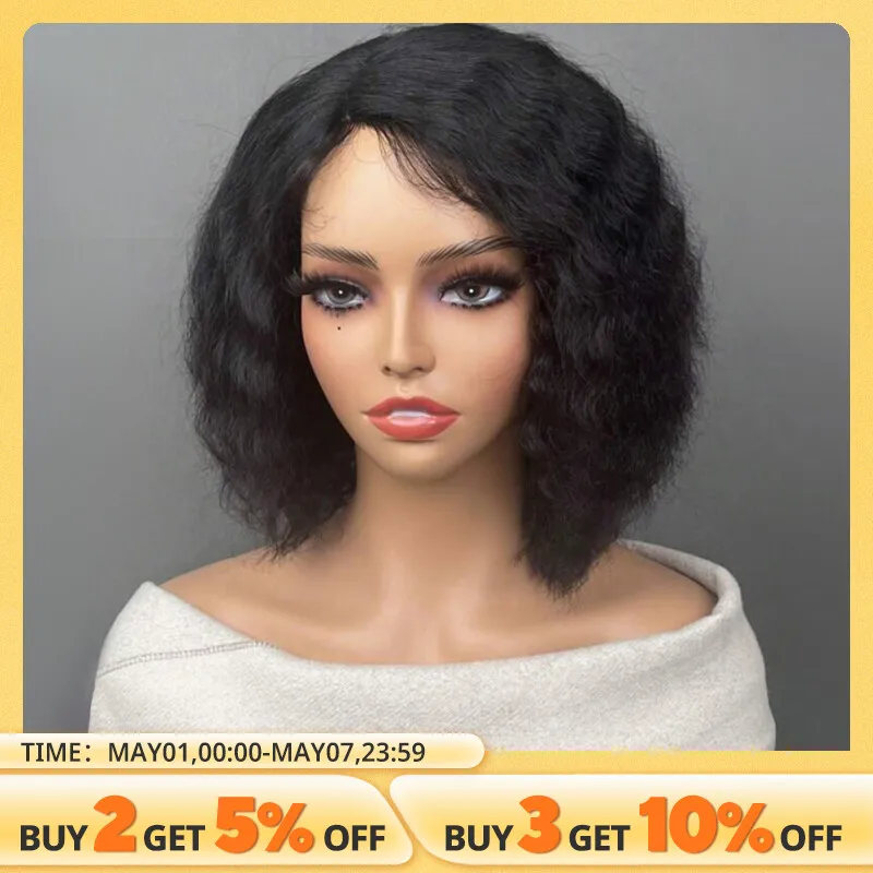 Kinky Curly Human Hair Wig 4“x1” Side Part Wigs Short Bob Wig Lace Front Human Hair Wig For Women Short Yaki Straight Hair Wig