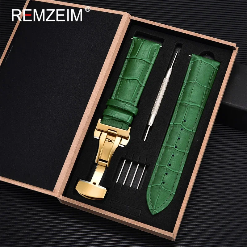 Premium Genuine Leather Watch Band with Stainless Steel Butterfly Clasp and Tool Set