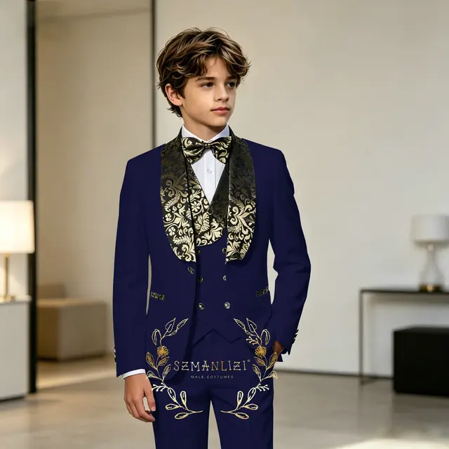 Costume de Cérémonie Bleu Marine pour Garçon – Smoking Enfant pour Mariage, Fête, Bal de Promo – Coupe Slim, Un Bouton, Revers Floral – Ensemble 3 Pièces 1