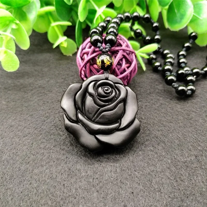 

Genuine Natural Black Obsidian Rose Flower Pendant Necklace Bead Fashion Charm Jewelry Accessories Amulet Gifts for Women Luxury