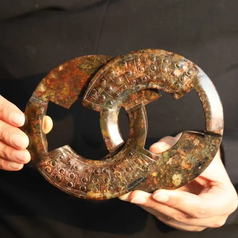 

Old China Natural Jade Hand Carved statue double rings pendant x