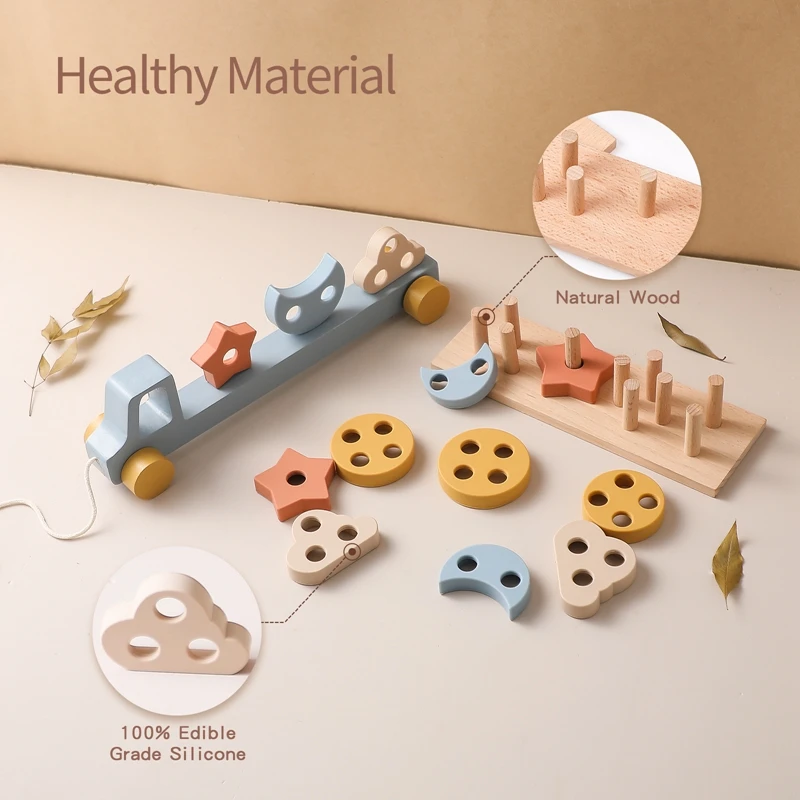 Wooden Baby Toy  Wooden Trailer  Babies Learn Cognitive Toy  Hand And Foot Coordination Toy  Color Recognition Toy  Silicone Toy 2