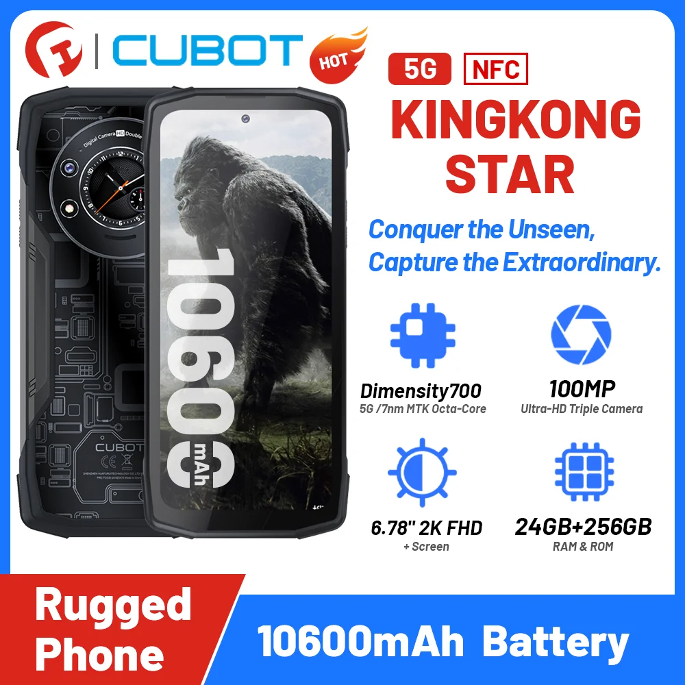 Smartphone Robusto Cubot Kingkong Star 5G, 100Mp, 10600Mah, 33W Di Ricarica, 24Gb(12Gb + 12Gb Esteso) + 256Gb, Telefono Robusto Da 6.78 ", Nfc