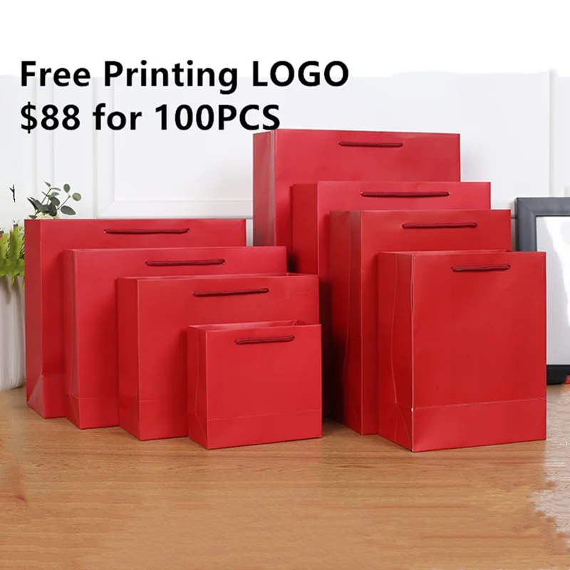 Подарочный пакет из красной бумаги с бесплатной печатью монохромный логотип 100