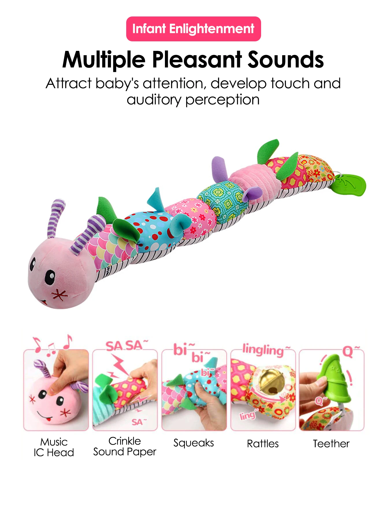Baby Rattle Musical Caterpillar Worm Soft Infant Plush Toys Educational Interactive Sensory Toy for Babies Newborn Toddler Gift