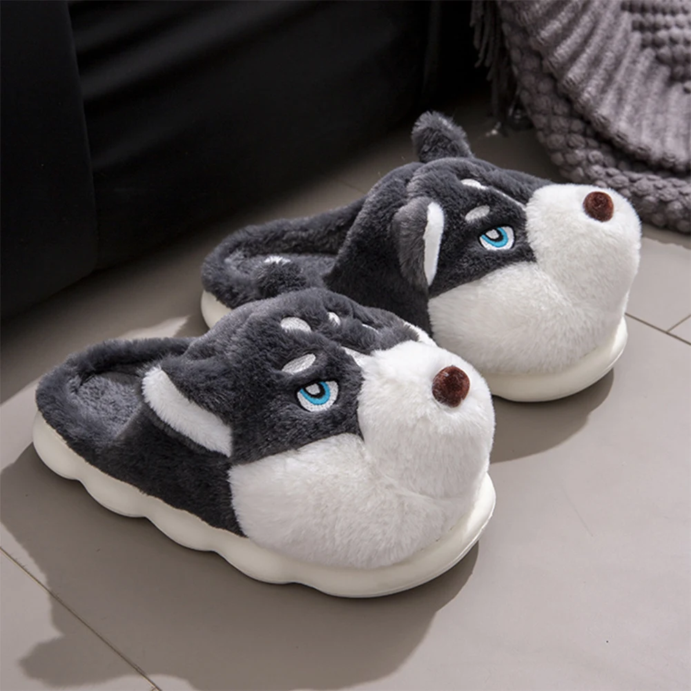Plush Husky Slippers Flat Thermal Slippers Anti Slip Cartoon Animal Slippers Comfortable Fluffy Home Slippers for Autumn Winter
