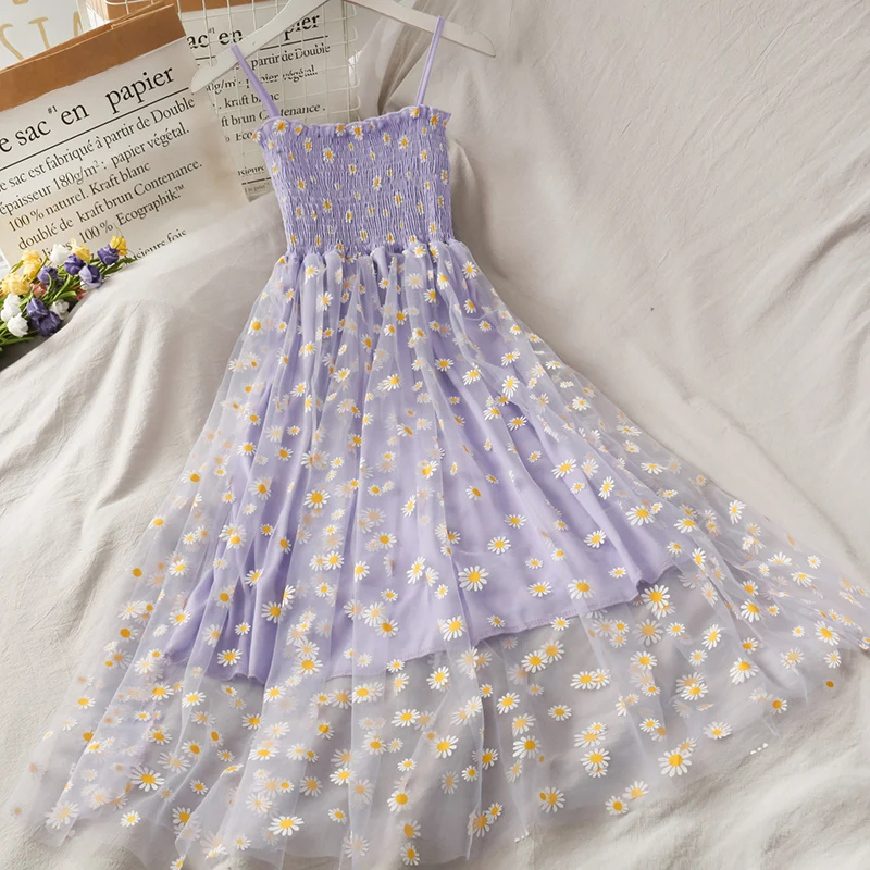 

Strapless Sleeveless Spaghetti Strap Dresses Women Daisy Embroidery Mesh Lace Dress Ladies A Line Large Hem Long Tank Vestidos