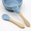 Hot selling food grade silicone wooden handle spoon and fork set for complementary food feeding training spoon and fork 5