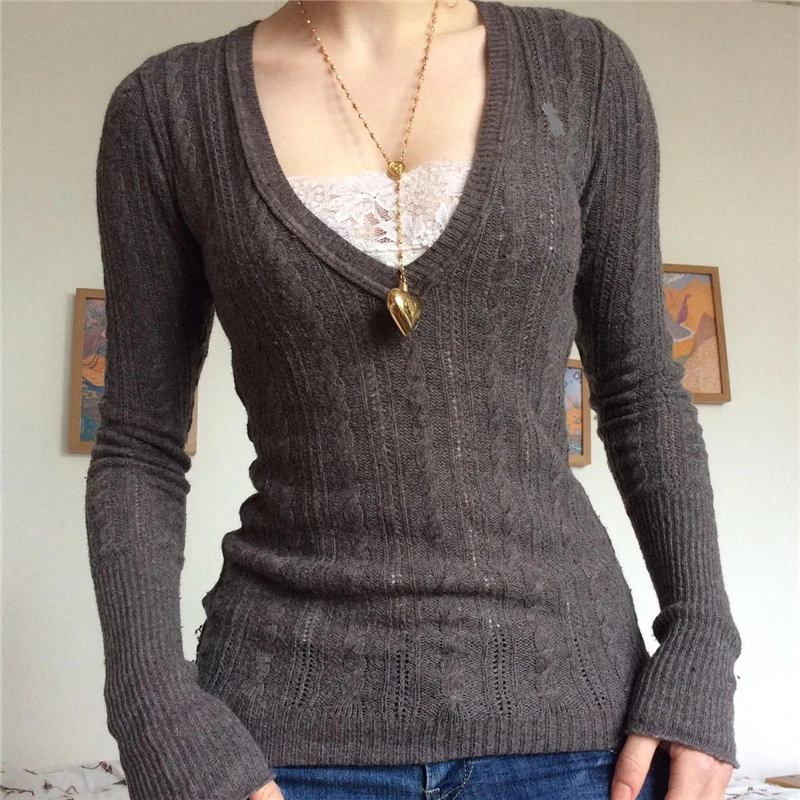 

y2k 2000s Sweater Fairycore Grunge V Neck Long Sleeve Knitted Tops Vintage Aesthetic Women Knitwear Slim Female Pullovers
