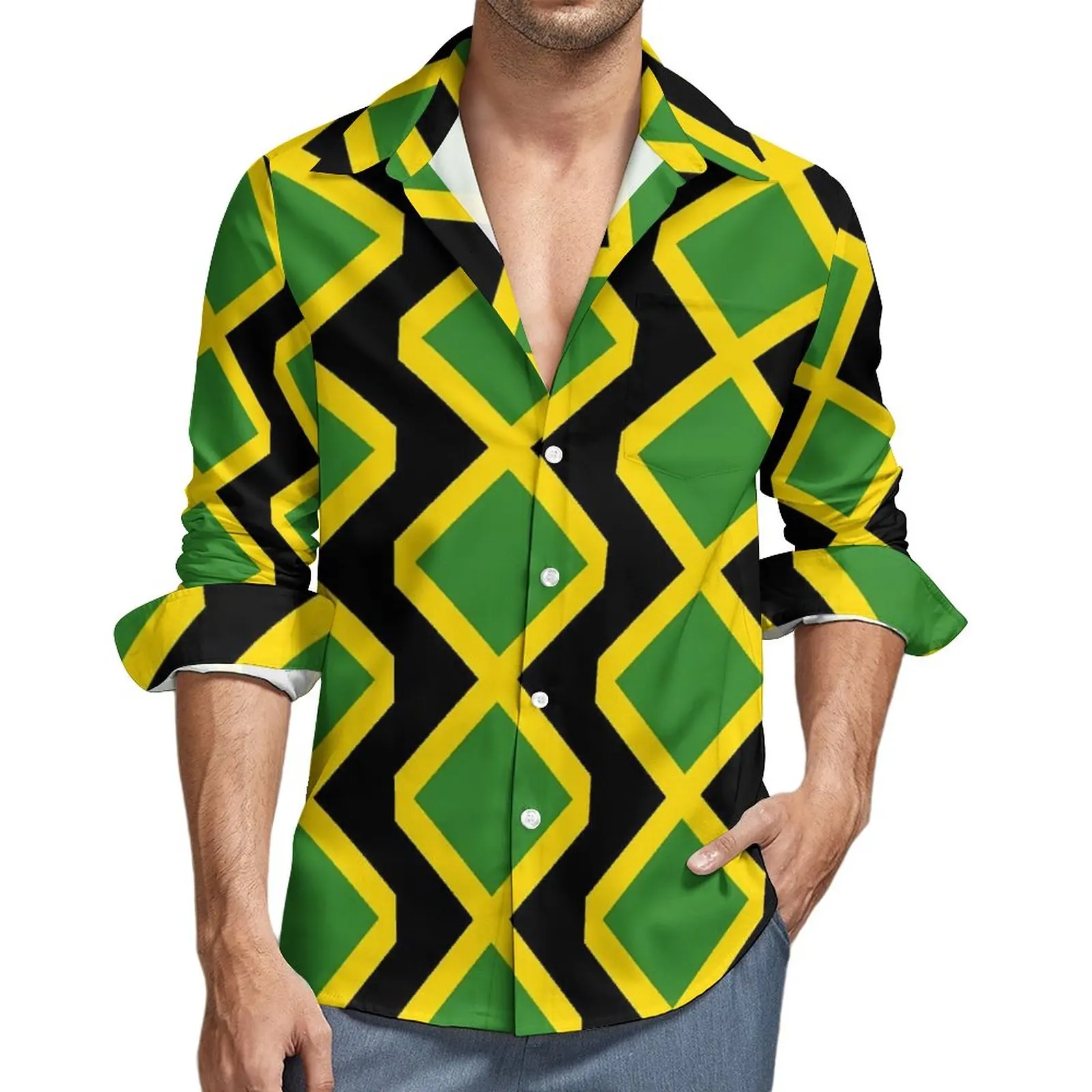 

Jamaican Flag Shirt Autumn Jamaica Cushion Casual Shirts Male Cool Blouses Long Sleeve Design Aesthetic Clothes Plus Size