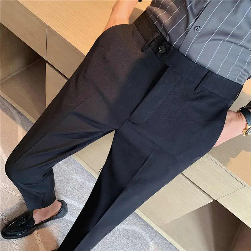 

Весенние мужские повседневные брюки, тонкие деловые тянущиеся облегающие джоггеры с эластичным поясом, корейские классические черные Брендовые брюки для мужчин Z50