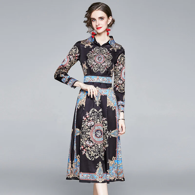 

BLLOCUE 2022 Autumn Fashion Designer Runway Shirt Dress Women Vintage Flower Chain Print Office Casual Elegant Midi Dress