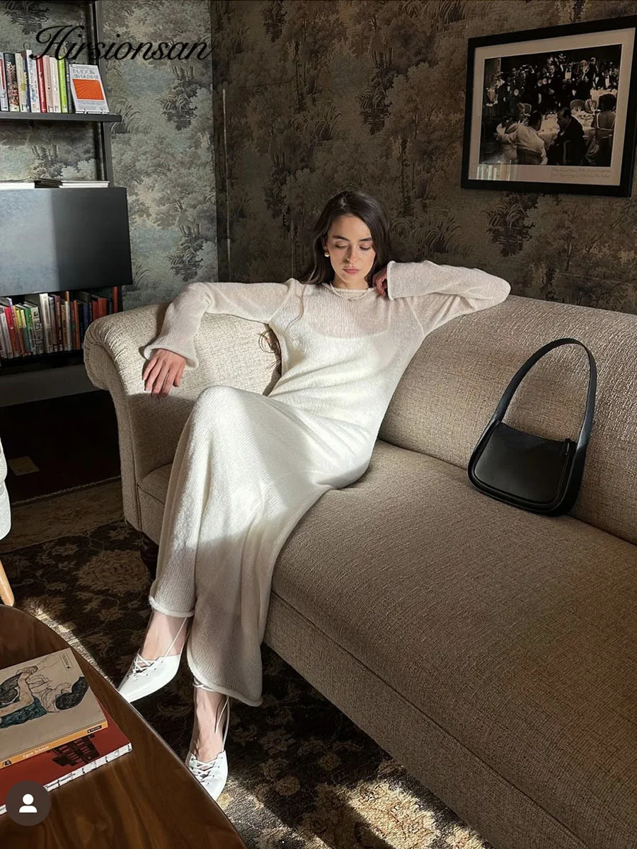 Hirsionsan Spring Autumn O-Neck Elastic Knit Long Dresses Women 2024 Elegant Chic Soft Lady Hollowing Sweater Dresses Femme New 5