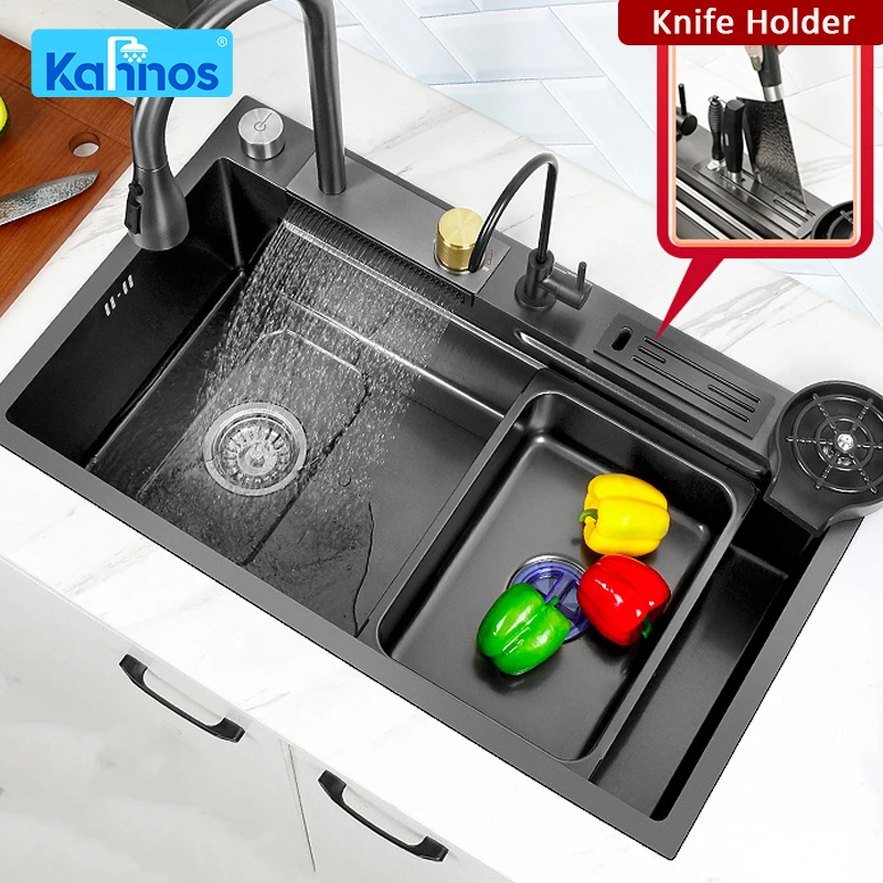 

Kitchen Sink 304 Stainless Steel Waterfall Kitchen Sink Black Large Single Bowl With Multifunction Touch Waterfall Faucet