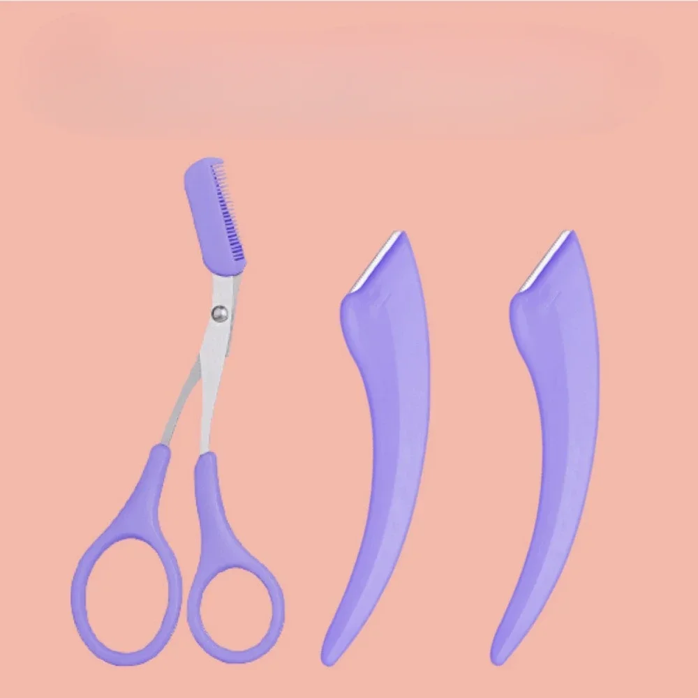Stainless Steel Eyebrow Trimmer Set 2PCS Portable Eyebrow Scissors with Comb Brow Knife Hair Removal Razor Facial Makeup Tools