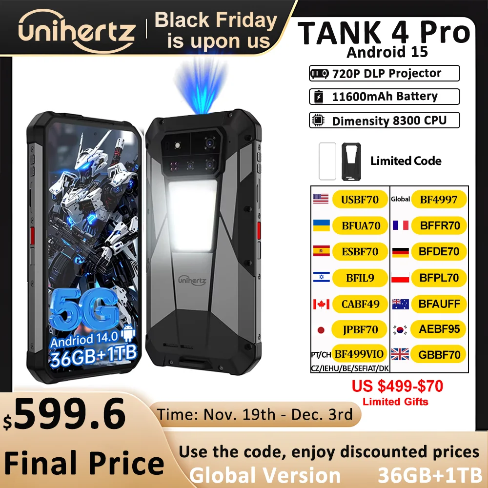 Unihertz by 8849 Tank 4 pro 5G AI Rugged Phone Built-in 720P Projector Dimensity 8300 512GB/1TB ROM 3k AMOLED 11600mAh IP68/IP69