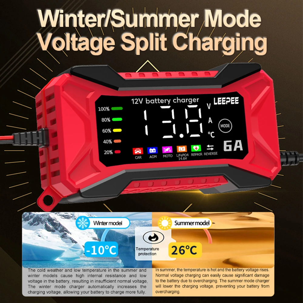 Enhanced Digital LCD Car Battery Charger 12V 6A with Intelligent Pulse Repair and Temperature Detection
