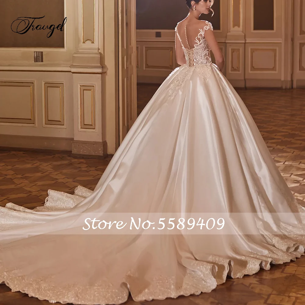 Customized Sexy Illusion Matte Satin Vintage Ball Gown Wedding Dresses Exquisite Appliques Beaded Court Train Bridal Gown 2