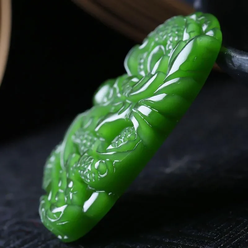 Pendant Necklace Natural Green Jade Dragon Hand-Carved Man Luck Amulet Gifts Woman Sweater Chain