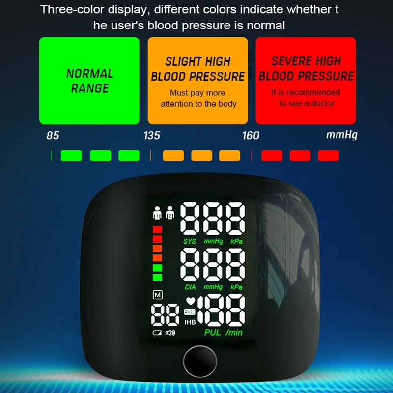 Blood Pressure Monitor Meter Rechargeable Voice Electronic Automatic Digital Heart Rate Wrist with Smart Touch LCD Screen