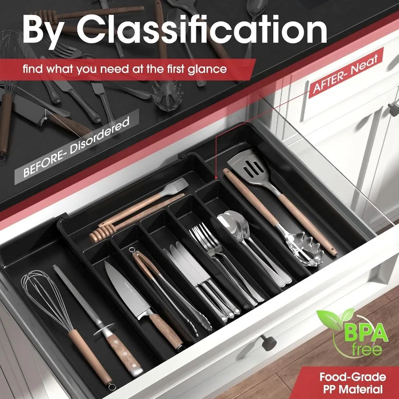 Silverware Organizer Flatware Organizer Cutlery Organizer Kitchen Tray Storage Tray Bamboo Organizer Tray Adjustable Pantry Organizer Utensil Cutlery Drawer for Forks Knives Silverware