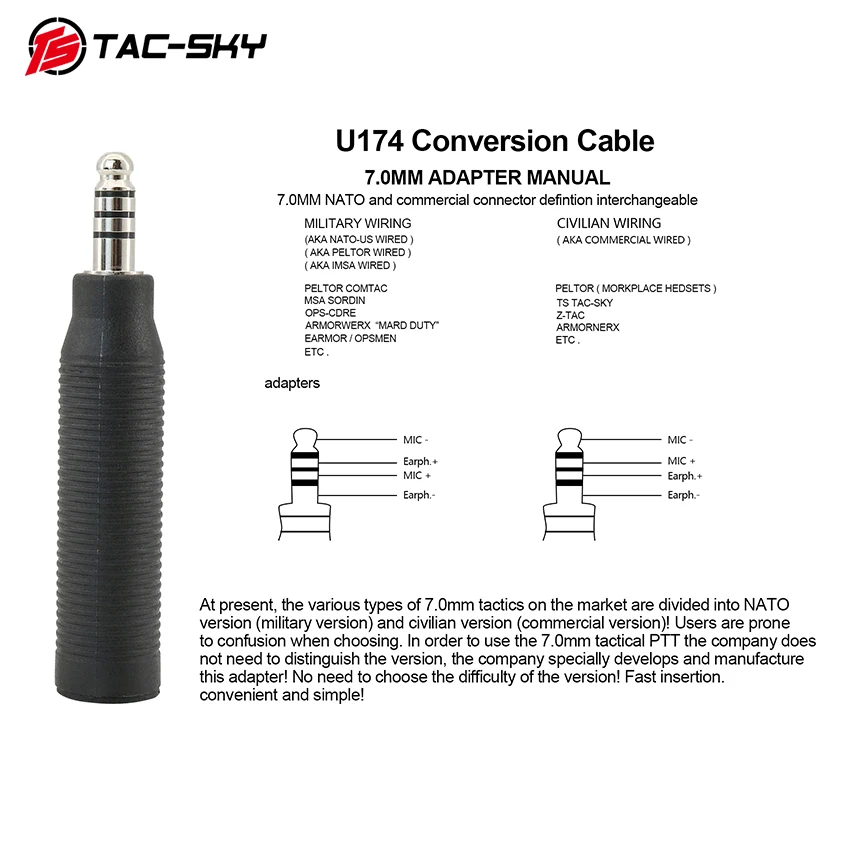 TAC-SKY U-174 NATO/군용-민간용 전술 헤드셋 PTT 어댑터, COMTAC SORDIN 군용 에어소프트 헤드폰용
