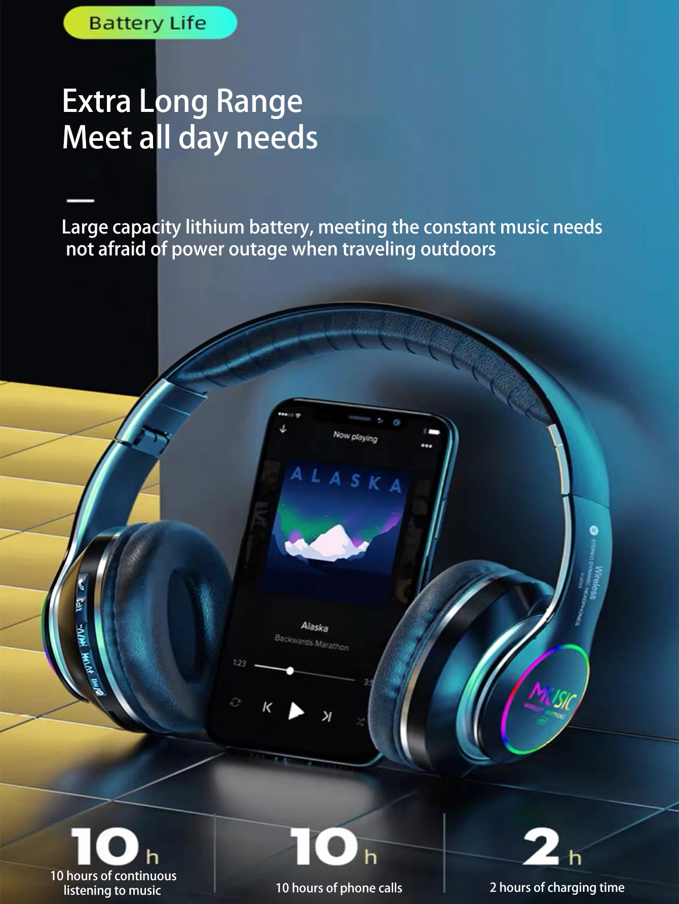 Colorful and cool glowing over-ear Bluetooth headphones with long-lasting battery life,  suitable for gaming and sports. 4