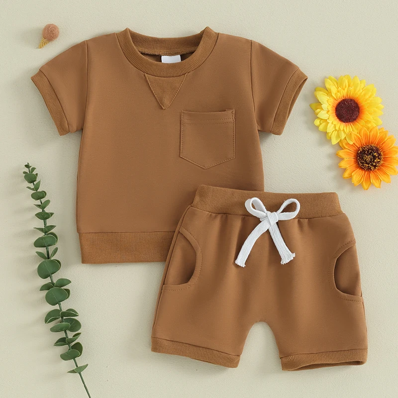 0-3Y Toddler Infant Kid Baby Boy Clothes Sets Short Sleeve Solid Color Tops and Drawstring Shorts Summer Outifts Clothing
