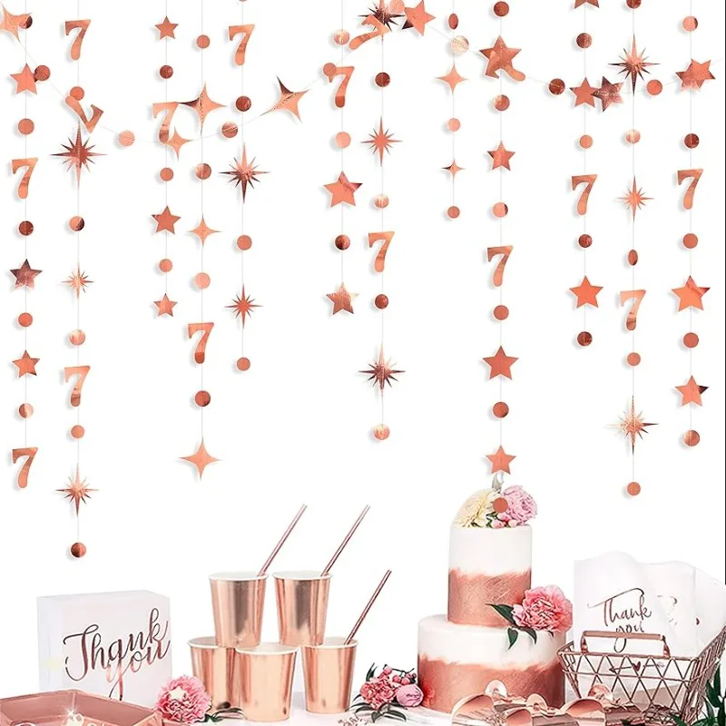 

Rose Gold 7th Birthday Decorations Number 7 Circle Dot Star Garland Metallic Hanging Streamer for 7th Anniversary Party Supplies