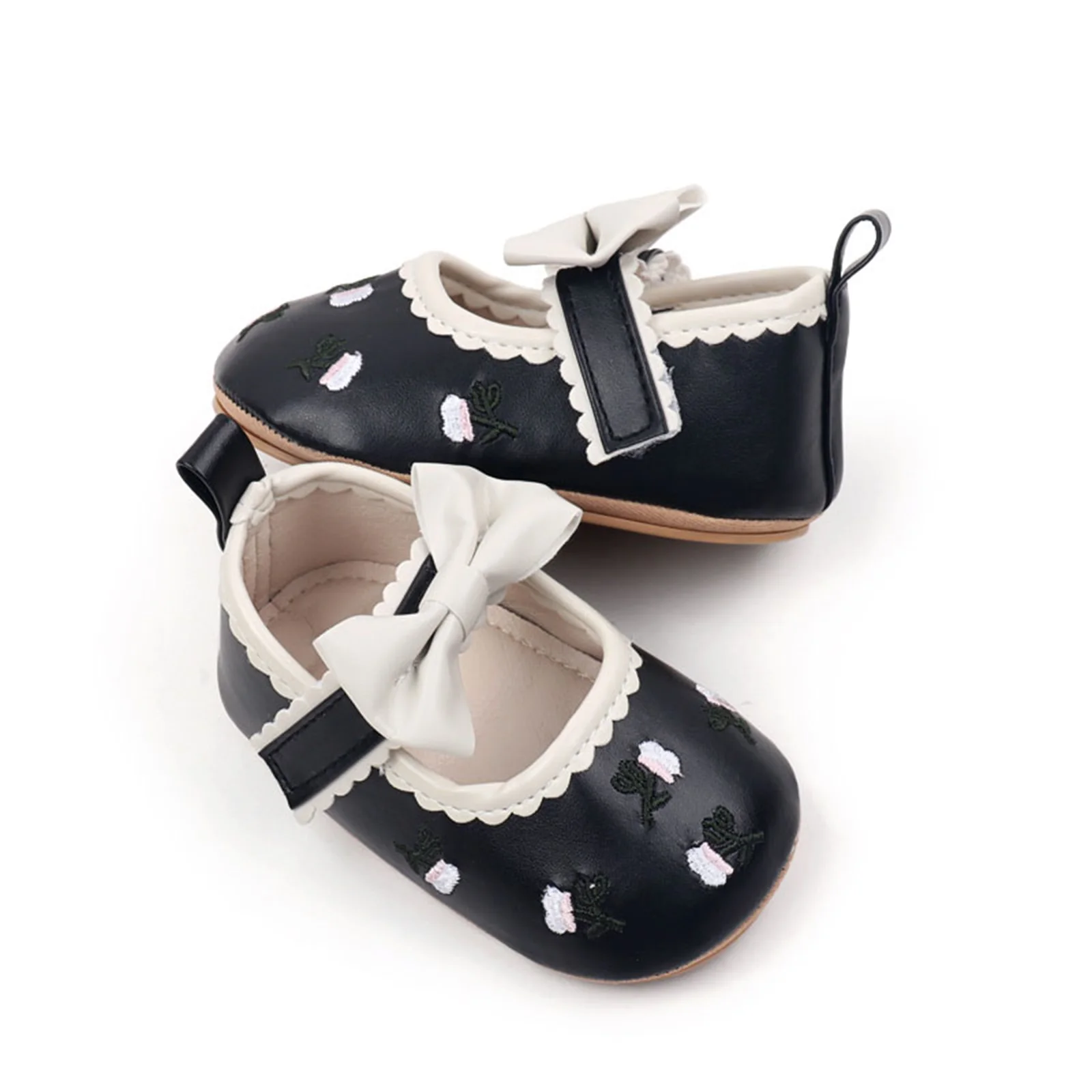 Cute Floral Embroidery Dress Shoes for Baby Girls Elegant Bowknot Non-Slip Newborn Crib Shoes Mary Jane Flats for Infants