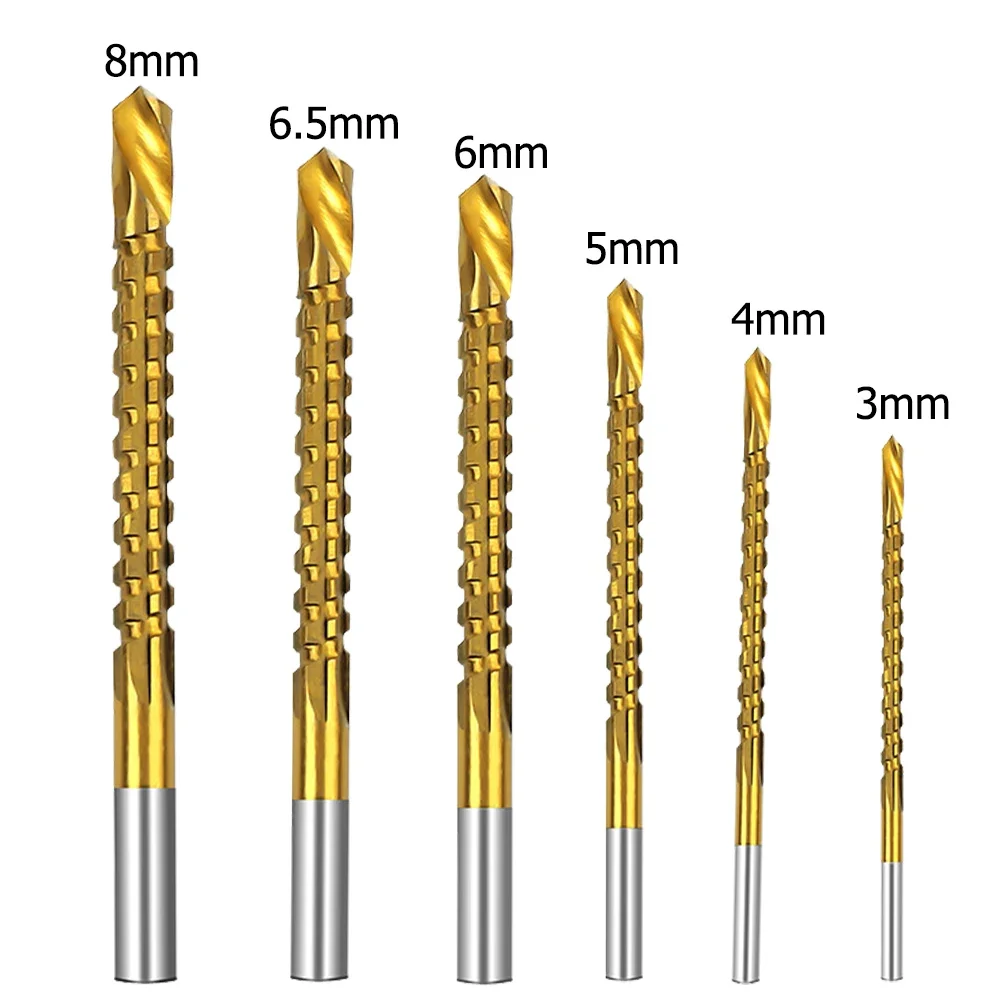 6Pcs HSS Twist Drill Bits Set Titanium Coated Drill Bit 3-8mm Serrated Grooving Spiral Jagged Saw Drill Bit Composite Drill Bits