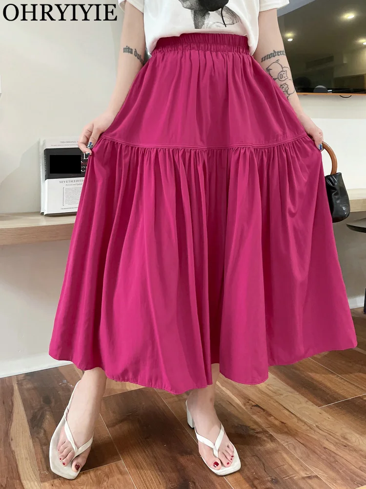

OHRYIYIE Vintage Solid Color Summer Midi Long A-Line Skirt Women Fashion Korean 2022 New All-Match Pockets Pleated Skirts Female