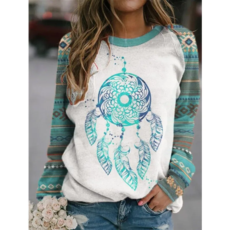 

Spring and Autumn Women's Pullover Contrast Round Neck Geometric Polka Dot Distressed Long Sleeve T-shirt Hoodies Casual Tops