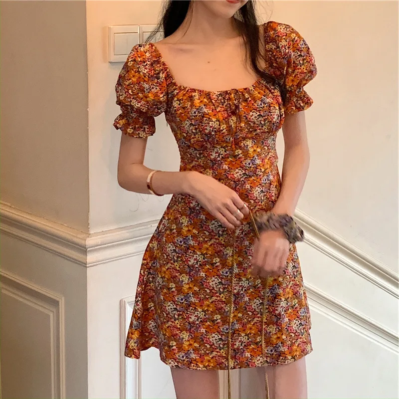 

Impressionism Vintage Dress with Draw String Summer Women Puff Sleeve Floral Slim Cottagecore Dress 2021 Plus Size Short Sleeve