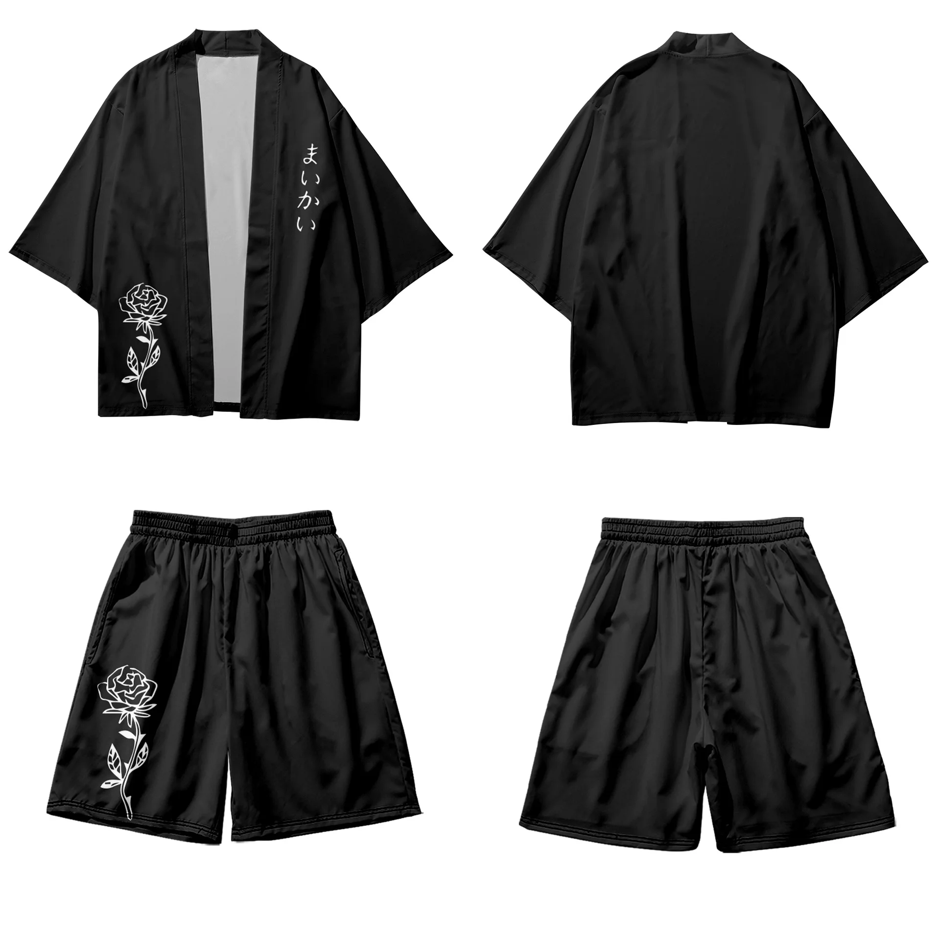 

Rose Flower Printed Black Couple Women Men Japanese Kimono Casual Loose Cardigan And Beach Shorts Set Asian Clothes Harajuku