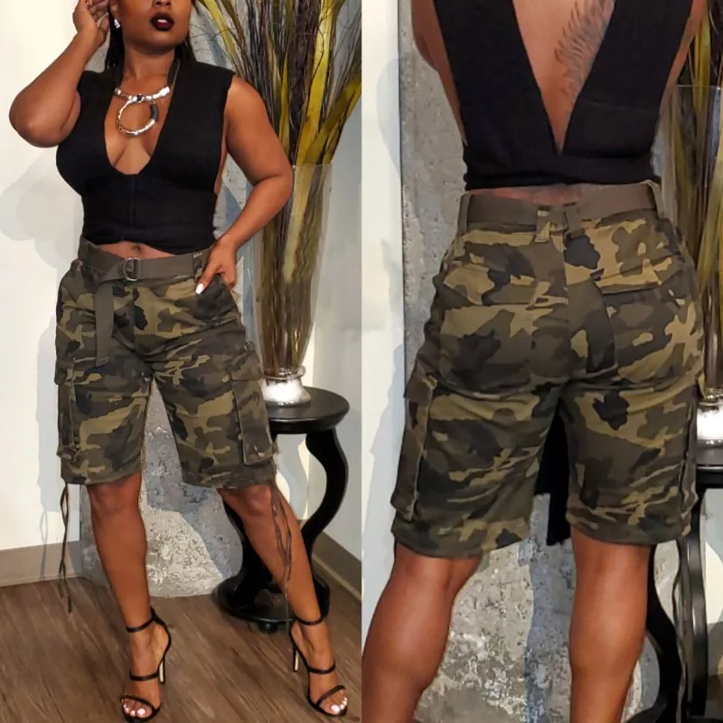 Camouflage Cargo Shorts Women High Waist Button Fly 3D Pockets