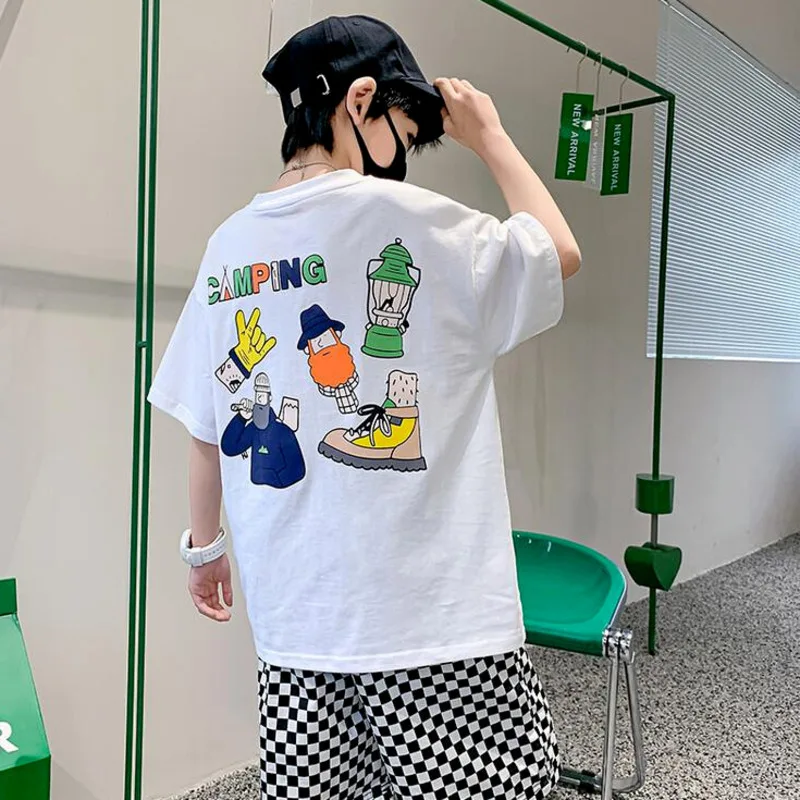 

Summer Handsome Cool Kids Boy Casual Cartoon Bear Print Trendy Children's Pure Cotton T-shirt Short Sleeve Toddler Tees Han Fan