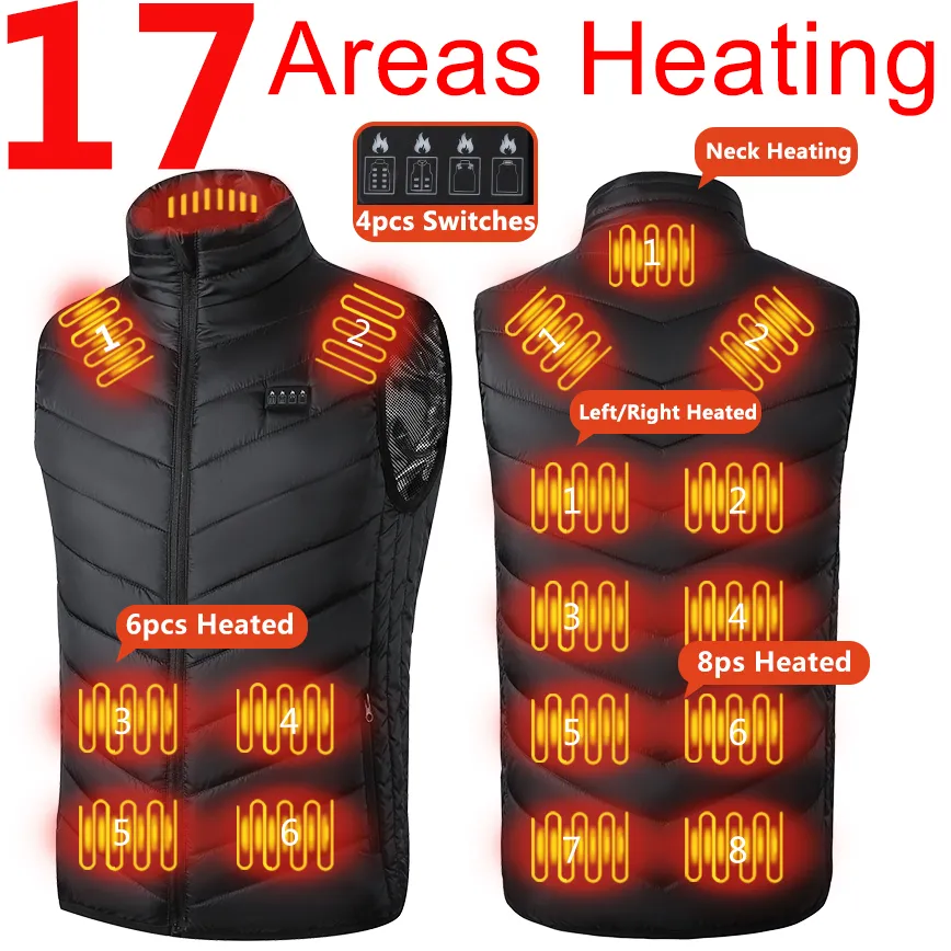 Colete de aquecimento elétrico para homens e mulheres, Casaco Aquecido USB, Bodywarmer, Down, 17, 13, 9 Áreas Aquecidas, Inverno